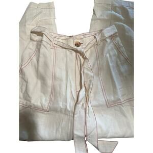 J.O.A. Belted Linen Wide Leg Pant, White, Red Detail Stitching, Size M, NWT